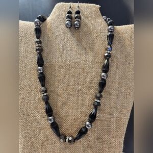 Hand Crafted Elegant Black Gray and Silver Beaded Necklace and Earring Set